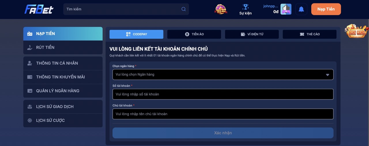 Hướng dẫn các bước nạp tiền đơn giản fabet