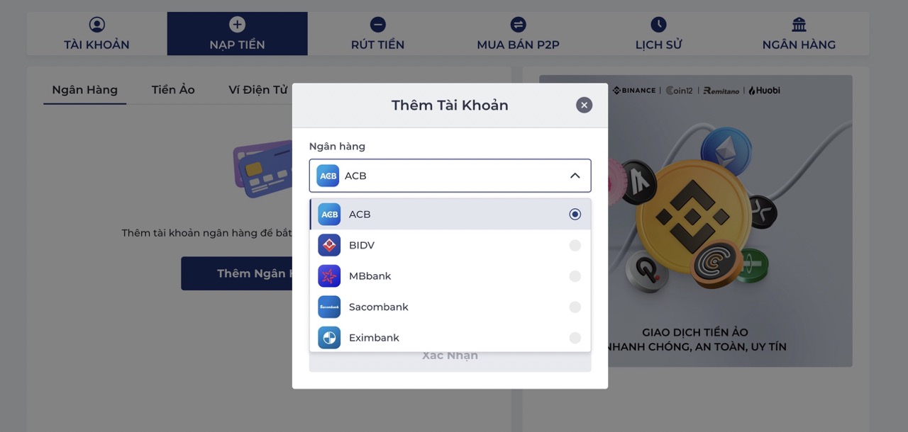 Giao diện nạp tiền vào tài khoản one88 đơn giản